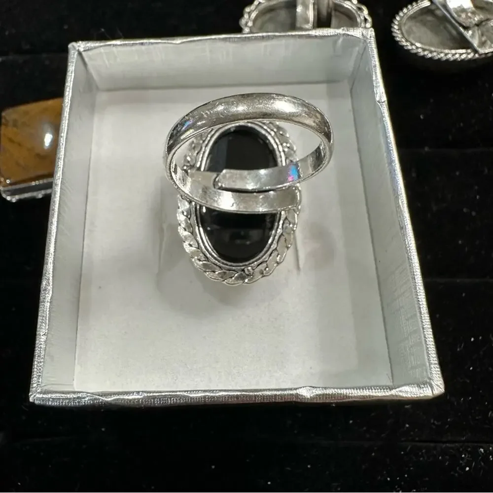 💕 Black onyx natural gemstone ring‎ silver overlay, stamped 925 adjustable - Picture 2 of 4
